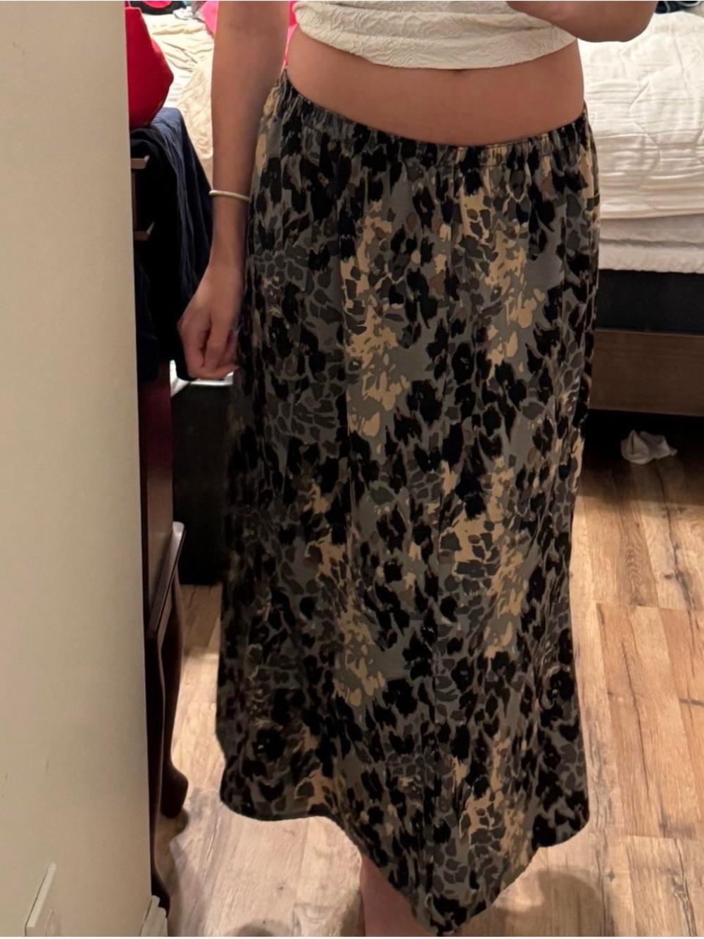 Women's Black and Olive Floral Midi Skirt